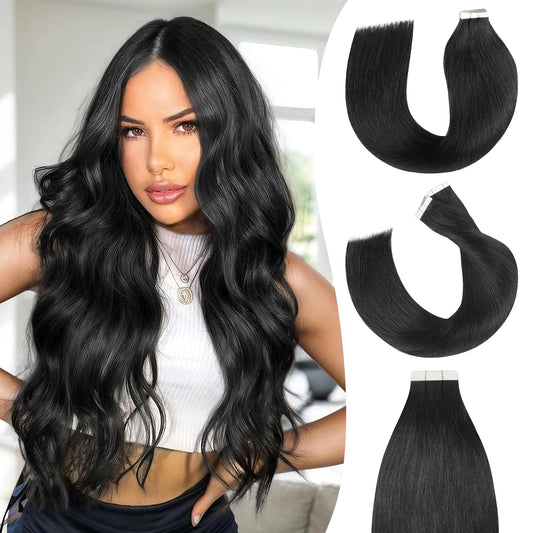 SENDUHAIR Tape in Hair Extensions Human Hair 20pcs 50g 24 Inch Black Remy Human HairStraight Seamless Tape Ins for Women Human Hair Extensions Skin Weft Natural Real Human Hair Extensions