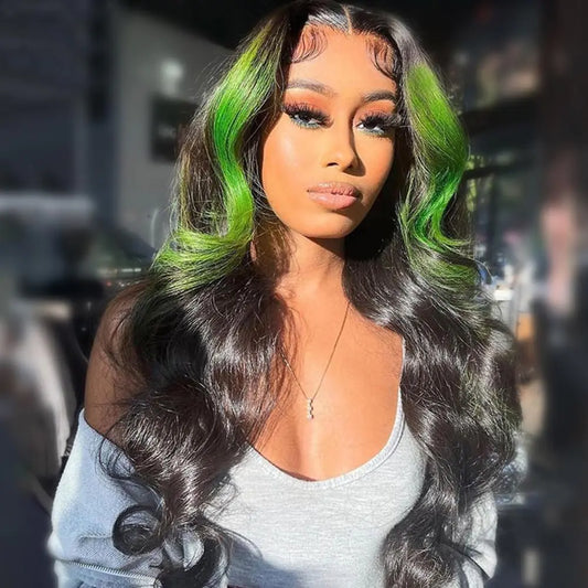 JYZ Skunk Stripe Wig Human Hair Green Human Hair Wig Lace Front Wavy 13X4 HD Gareen Lace Front Wig Human Hair 200% Density Green Wigs Human Hair Pre Plucked with Baby Hair 18inch Middle Part