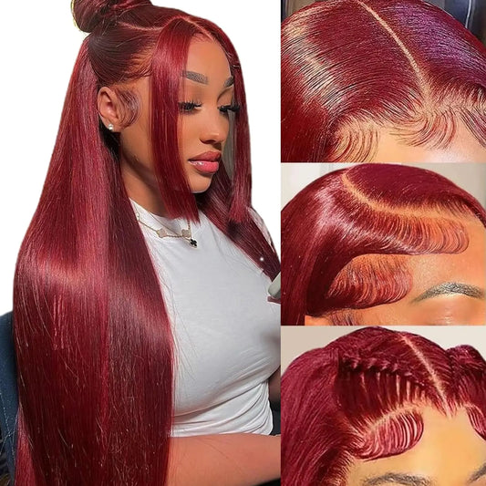 28 inch 99J Burgundy Lace Front Wigs Human Hair 13x4 HD Transparent Straight Lace Front Wigs Human Hair Pre Plucked Burgundy Wig Human Hair Red Wine Glueless Frontal Wigs Human Hair Wigs for Women