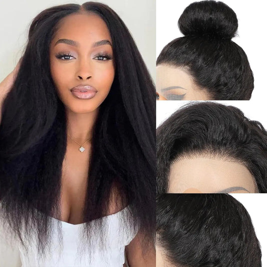 hogu 360 Lace Front Wigs Human Hair Kinky Straight Human Hair Wig 200 Density HD Lace Front Wigs Human Hair 360 Wig Human Hair Full Lace Kinky Straight Wig (natural 16 inch)