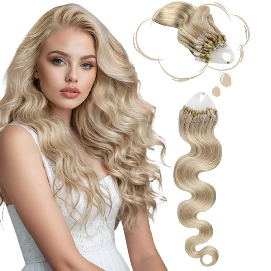 Moresoo Micro Loop Hair Extensions Real Human Hair Ash Blonde with Blonde Micro Loop Hair Extensions Human Hair Wavy Microlink Hair Extensions Human Hair 22inch 50g 50S