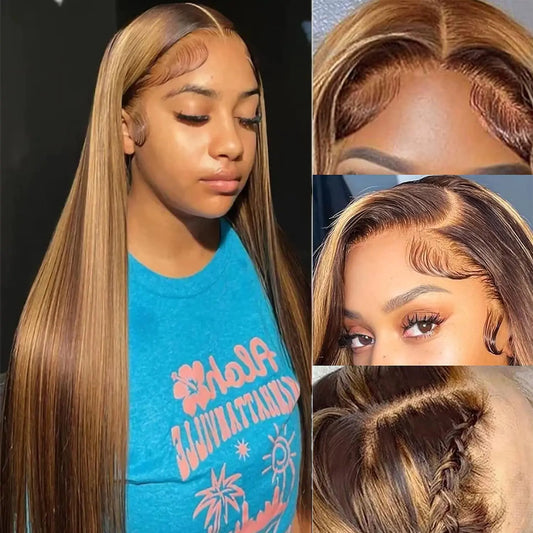 Teveshine Straight Ombre Lace Front Wigs Human Hair Pre Plucked 26inch Highlighted Wig Human Hair 13x6 Human Hair Wig With Highlights 180% Density Brown Highlighted Wig Human Hair