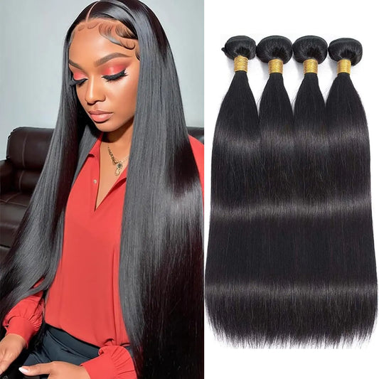 Straight Human Hair Bundles – 24/26/28/30" Brazilian Virgin Hair (4-Pack, Natural Black)