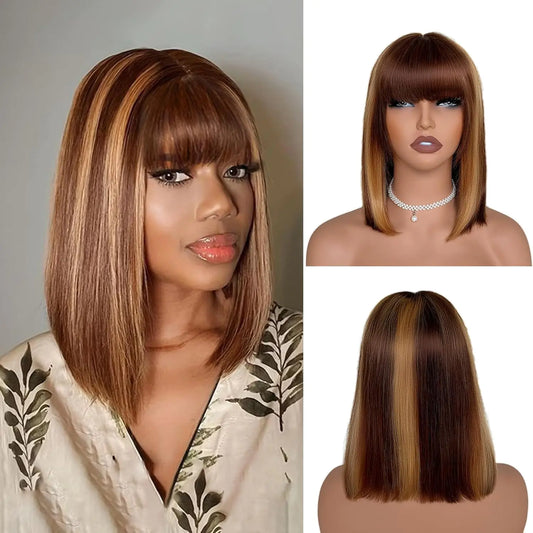 Tryfey 10 Inch 4/27 Highlight Bob Wig with Bangs – Human Hair Glueless Wig for Black Women