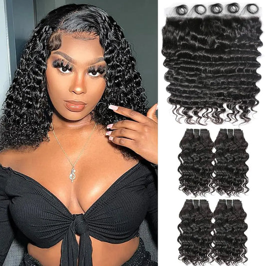Deep Wave Human Hair Bundles with Closure (10 10 10 10 +10 inch) Deep Wave 4 Bundles Human Hair with 13x4 Lace Closure Human Hair 100% Brazilian Virgin Curly Bundles Human Hair Natural Color