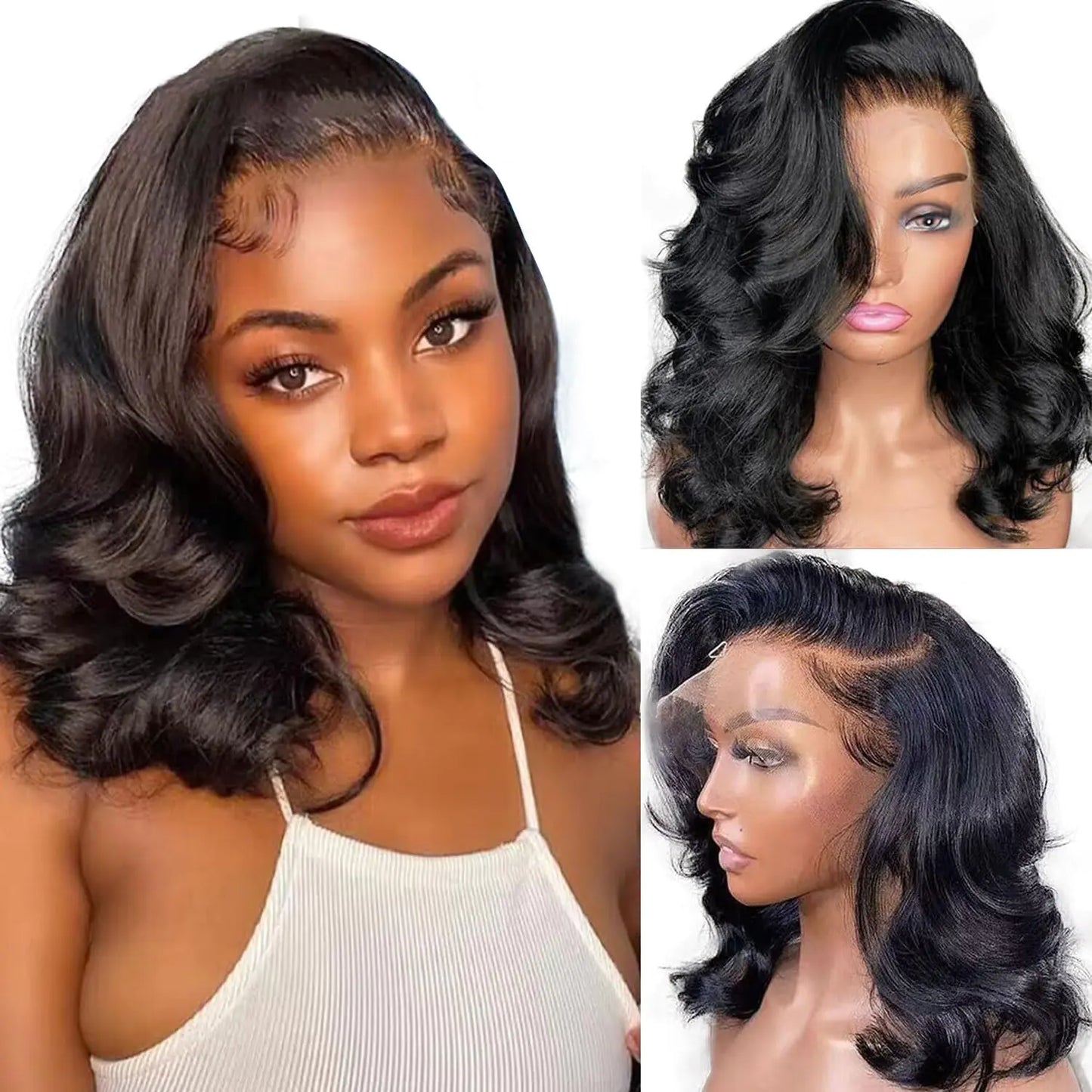 Bob Wig Human Hair 13X6 Body Wave HD Lace Front Wigs Human Hair Glueless Wigs Human Hair Pre Plucked with Baby Hair Short Bob Human Hair Wigs For Black Women Natural Black 180% Density 12 Inch