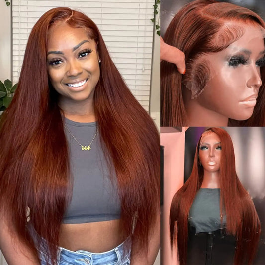 13X6 HD Straight Lace Front Wigs Human Hair Reddish Brown Lace Front Wigs Human Hair 180% Density 26 Inch Glueless Bone Straight Wigs Auburn Wigs Pre Plucked with Baby Hair Copper Red Lace Front Wig