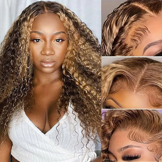 UFHUFH 13x4 Highlight Deep Wave Lace Front Wig Human Hair with Baby Hair P4/27 Curly Human Hair wigs Pre Plucked Glueless Wet and Wavy Human Hair Wigs HD Transparent Lace Frontal Human Hair 28inch